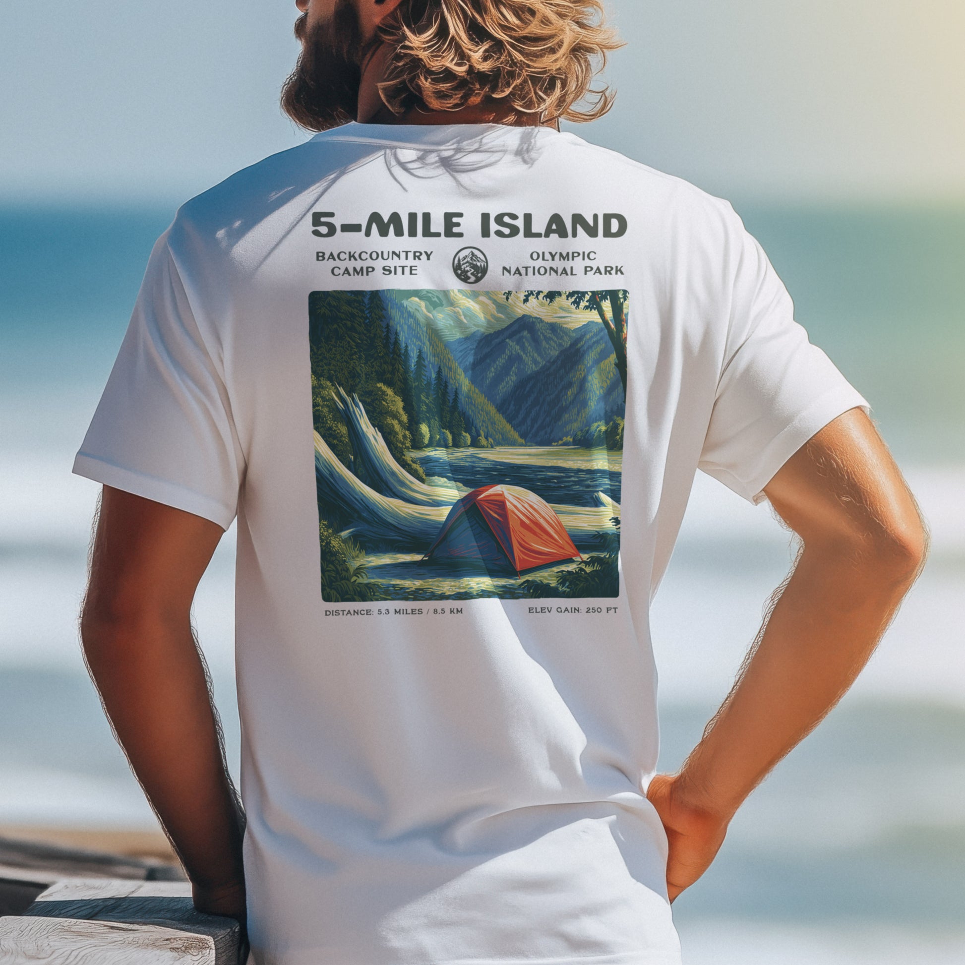 5-Mile Island Hiking T-Shirt | Hiker Gift | Olympic Peninsula Trail Tee — design printed on the back of the t-shirt