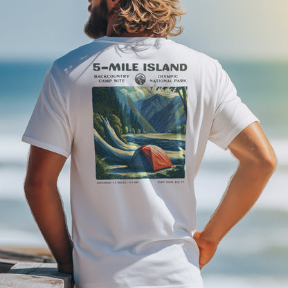 5-Mile Island Hiking T-Shirt | Hiker Gift | Olympic Peninsula Trail Tee — design printed on the back of the t-shirt