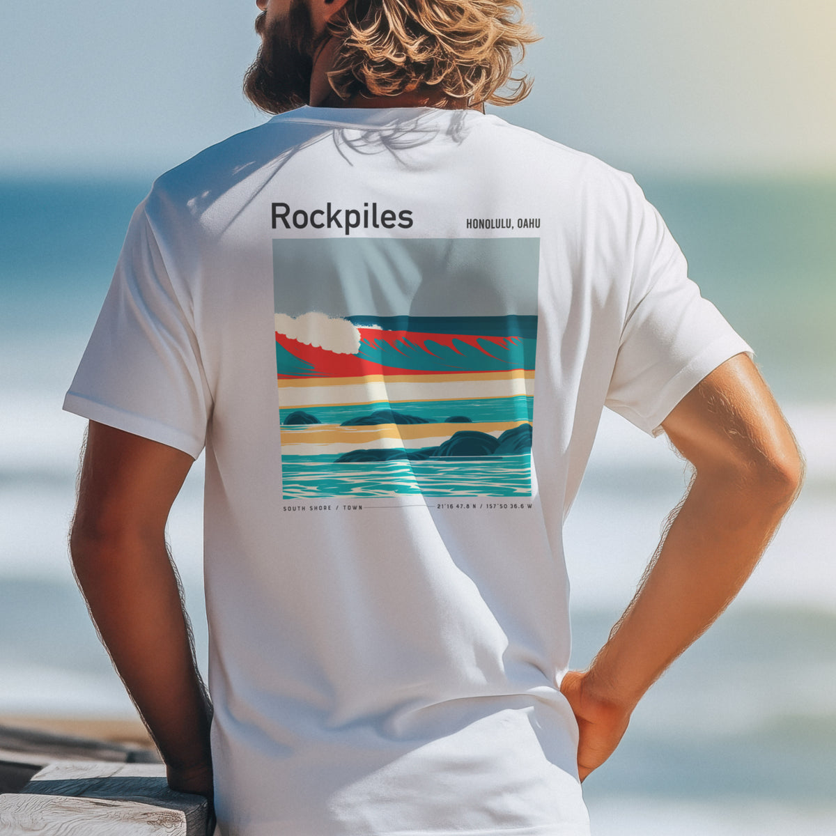 Rockpiles Surf T-Shirt | Raw Hawaiian Reef Wave Tee — design printed on the back of the t-shirt