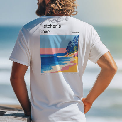 Fletcher's Cove Surf T-Shirt | Coastal Wave Art Tee — design printed on the back of the t-shirt
