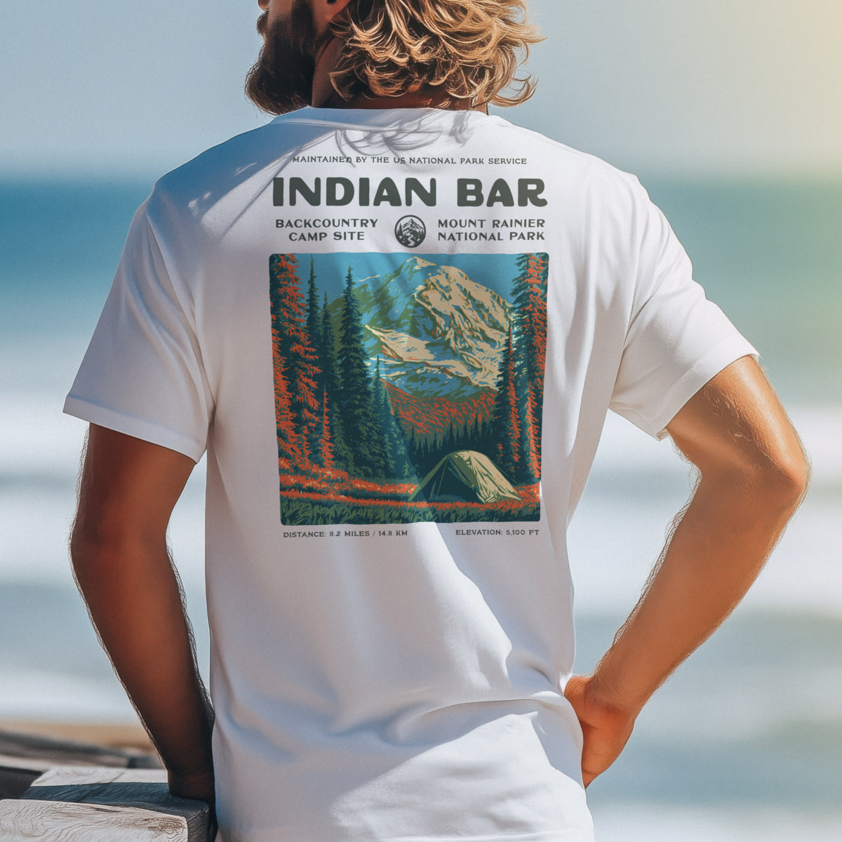 Indian Bar Hiking T-Shirt | Hiker Gift | Wild Rainier Trail Tee — design printed on the back of the t-shirt