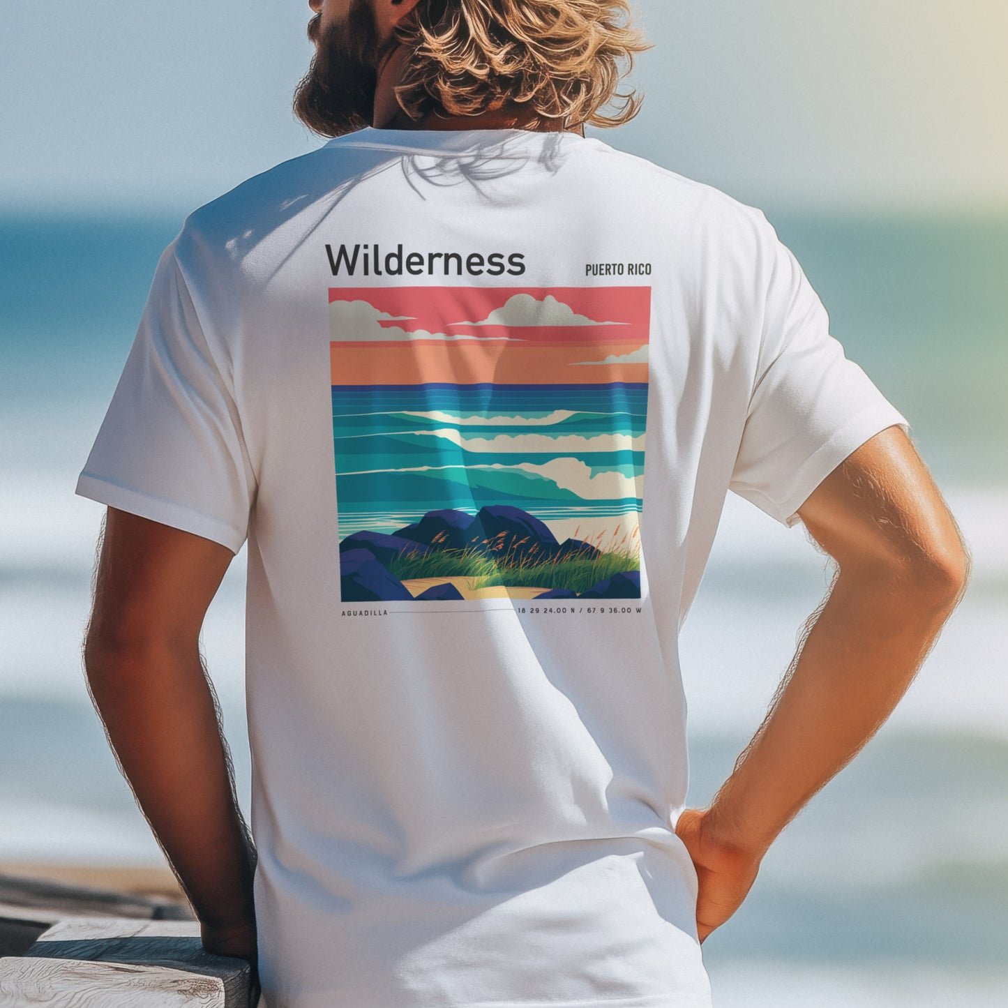 Wilderness Surf T-Shirt | Puerto Rico Wave Art Tee — design printed on the back of the t-shirt
