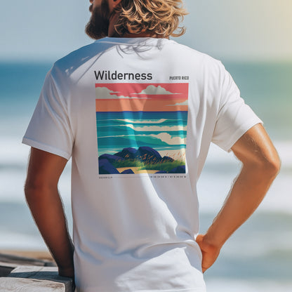 Wilderness Surf T-Shirt | Puerto Rico Wave Art Tee — design printed on the back of the t-shirt