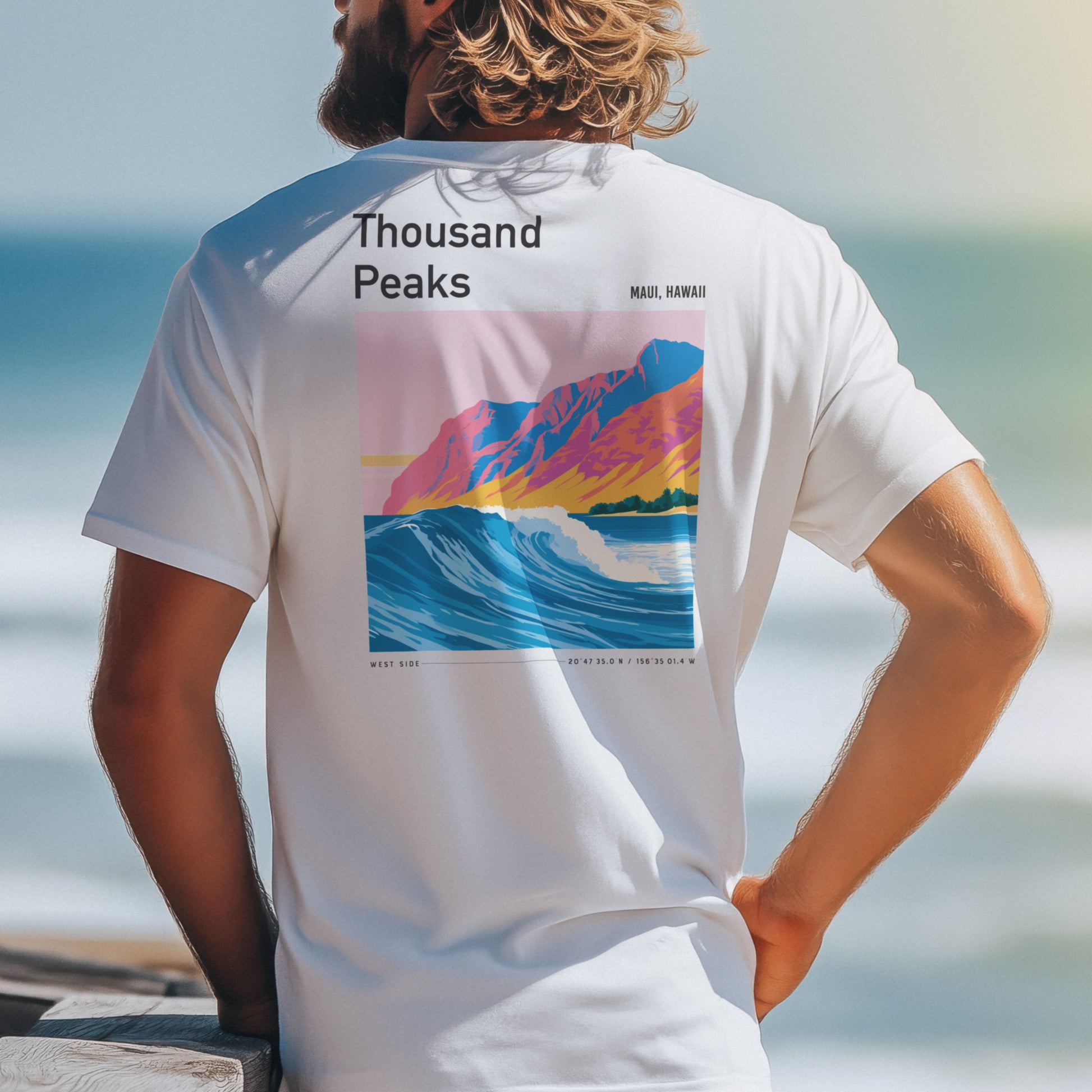 Thousand Peaks Surf T-Shirt | Hawaii Wave Art Tee — design printed on the back of the t-shirt