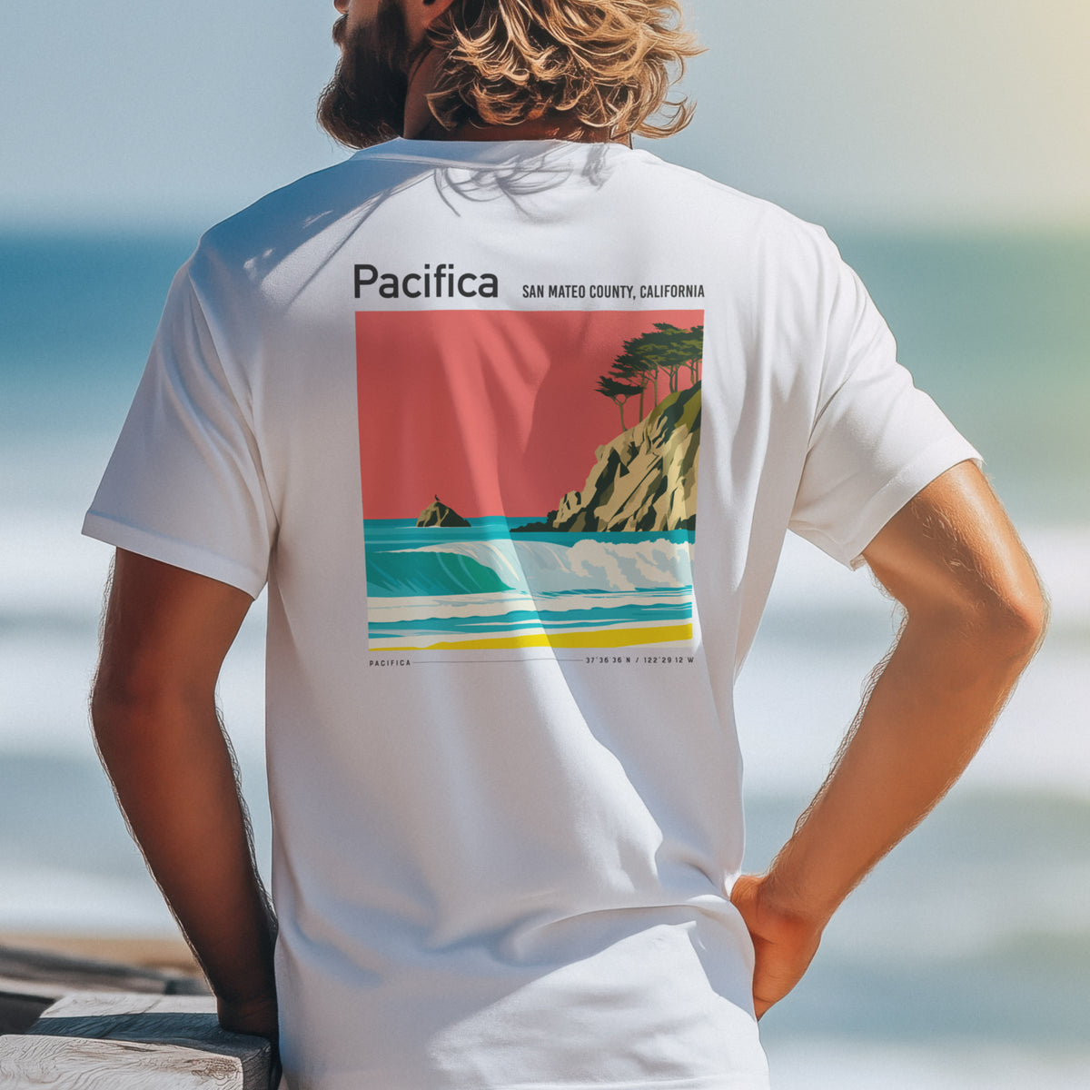 Pacifica Surf T-Shirt | Foggy Coast Wave Art Tee — design printed on the back of the t-shirt