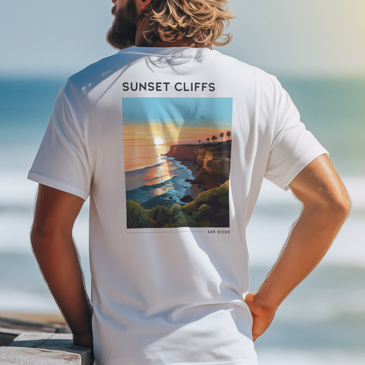 Sunset Cliffs Travel T-Shirt | San Diego Coastal Art Tee — design printed on the back of the t-shirt