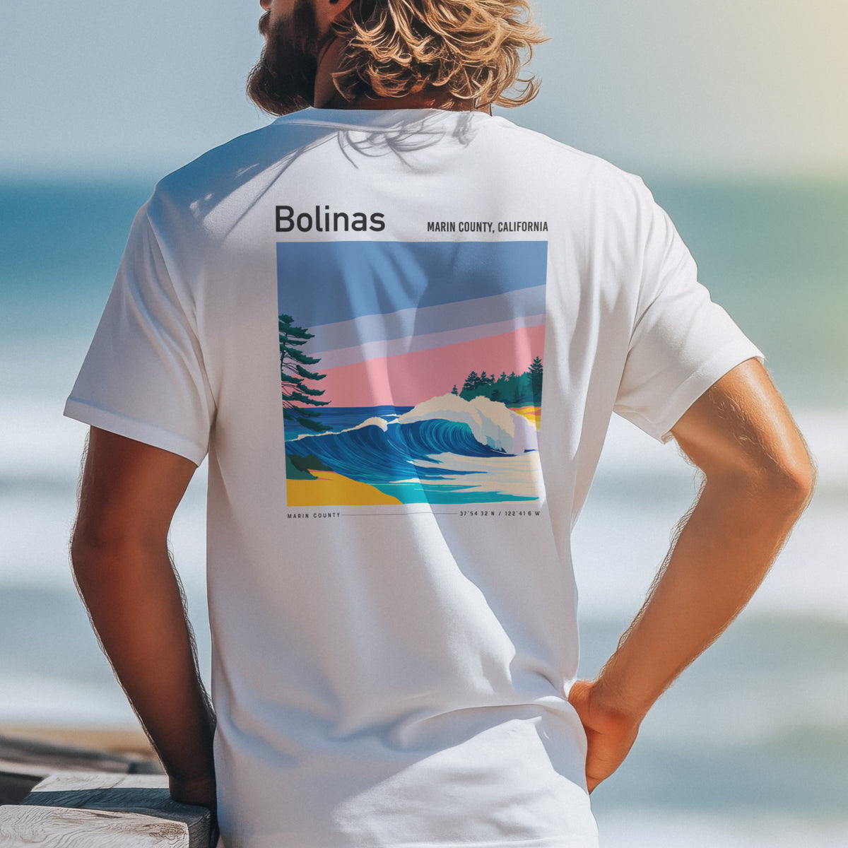 Bolinas Surf T-Shirt | Mellow Waves, Northern California Vibes — design printed on the back of the t-shirt