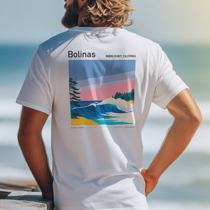 Bolinas Surf T-Shirt | Mellow Waves, Northern California Vibes — design printed on the back of the t-shirt