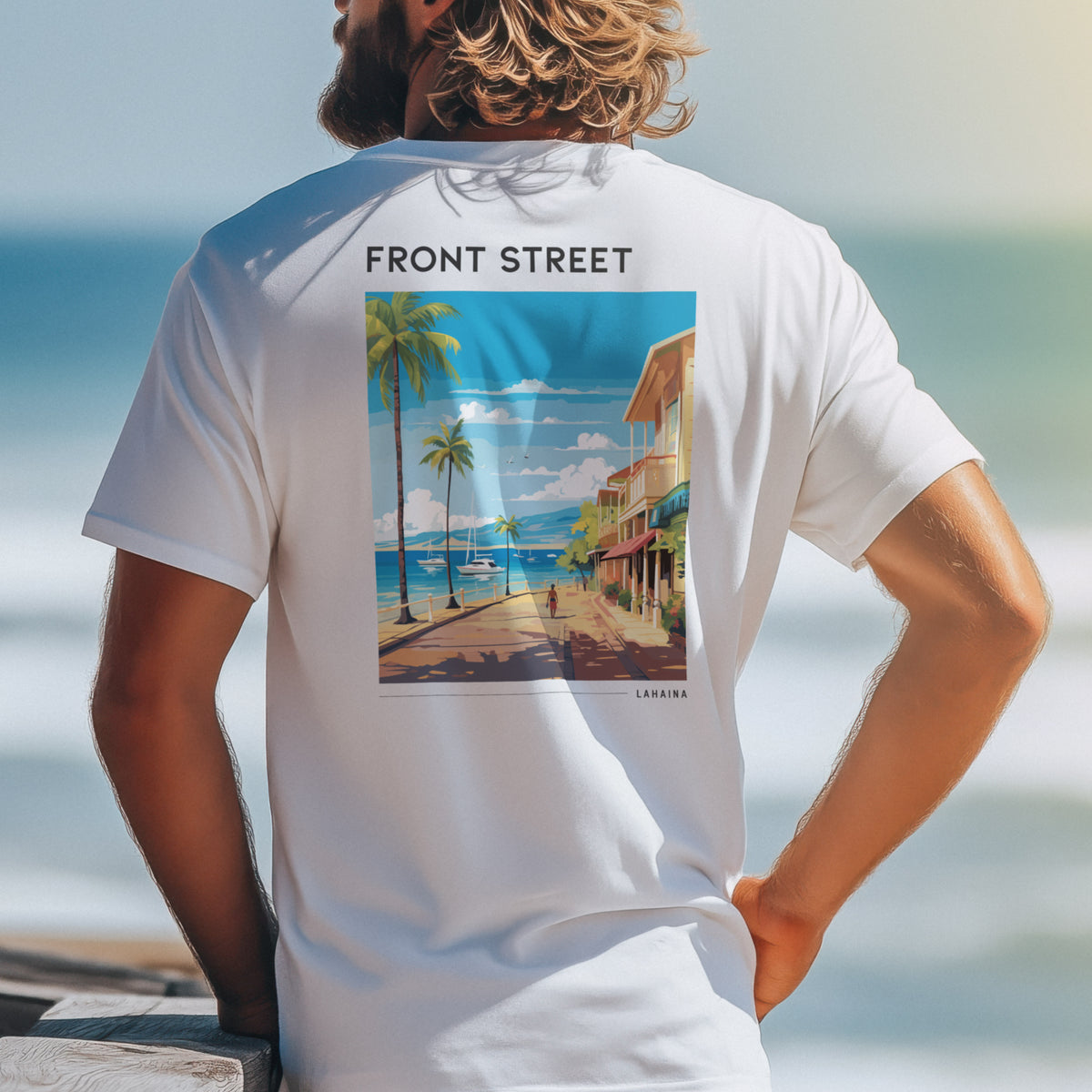 Front Street, Lahaina Travel T-Shirt | Old Maui Town Art Tee — design printed on the back of the t-shirt