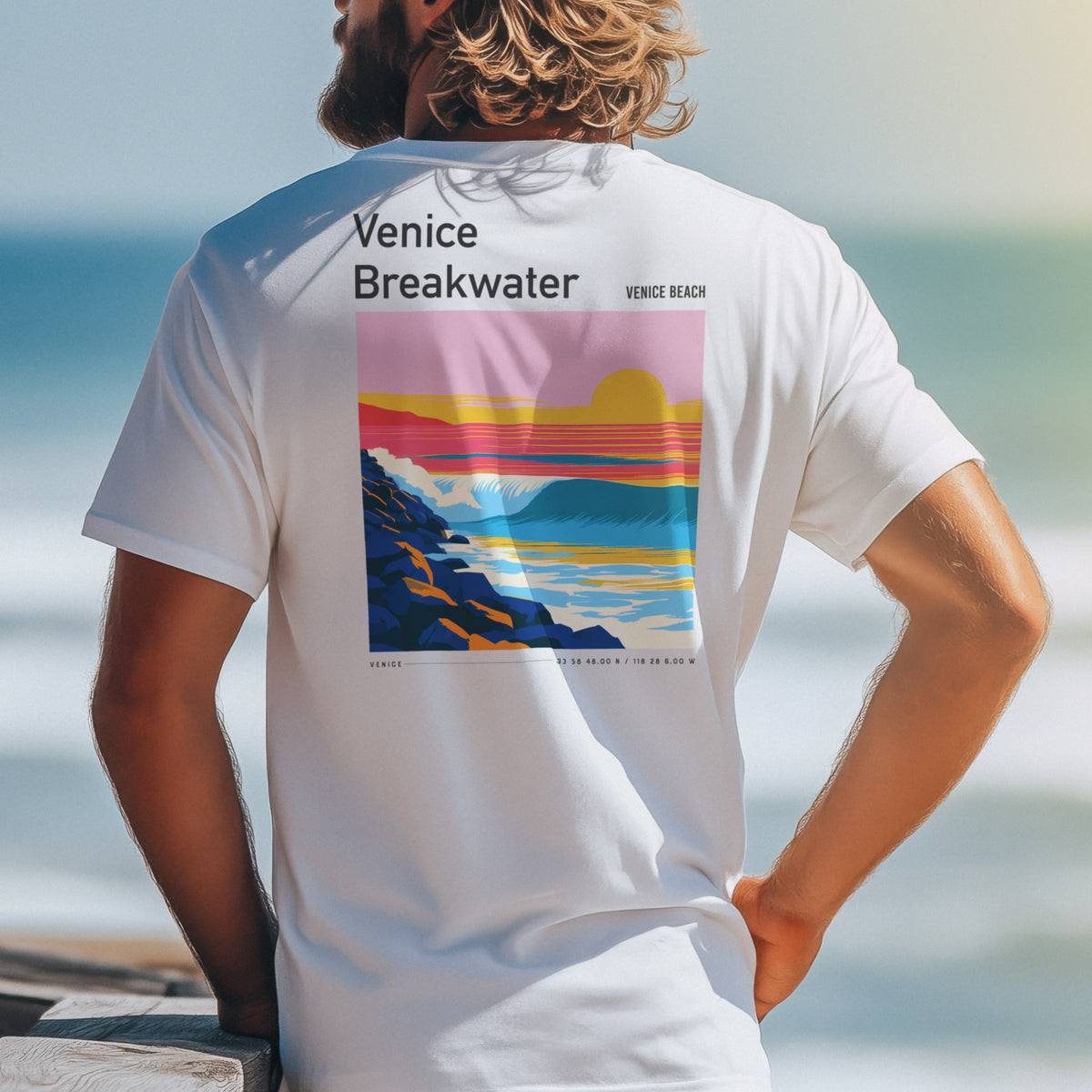Venice Breakwater Surf T-Shirt | Laid-Back LA Wave Art — design printed on the back of the t-shirt