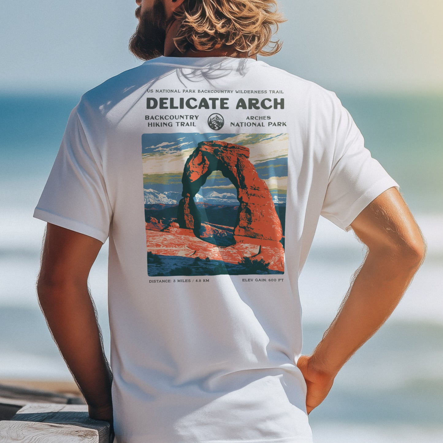 Delicate Arch Hiking T-Shirt | Hiker Gift | Red Rock Trail Tee — design printed on the back of the t-shirt