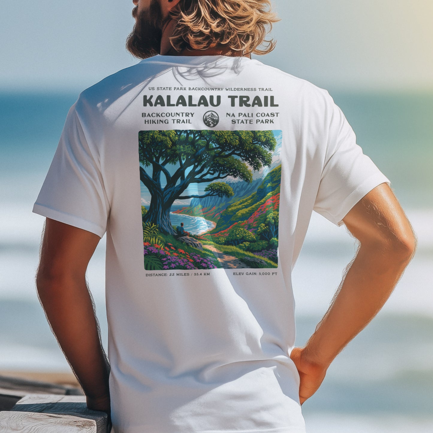 Kalalau Trail Hiking T-Shirt | Hiker Gift | Na Pali Coast Tee — design printed on the back of the t-shirt
