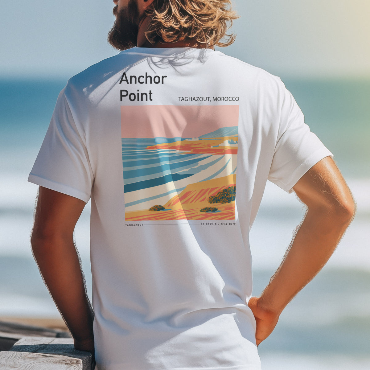 Anchor Point Surf T-Shirt | Moroccan Barrels Wave Art Tee — design printed on the back of the t-shirt