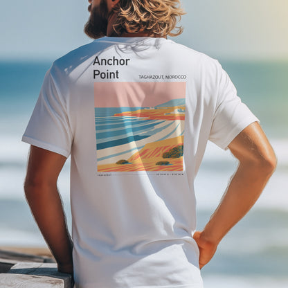 Anchor Point Surf T-Shirt | Moroccan Barrels Wave Art Tee — design printed on the back of the t-shirt