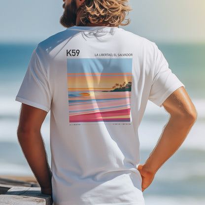 K59, El Salvador Surf T-Shirt | Central American Wave Art Tee — design printed on the back of the t-shirt