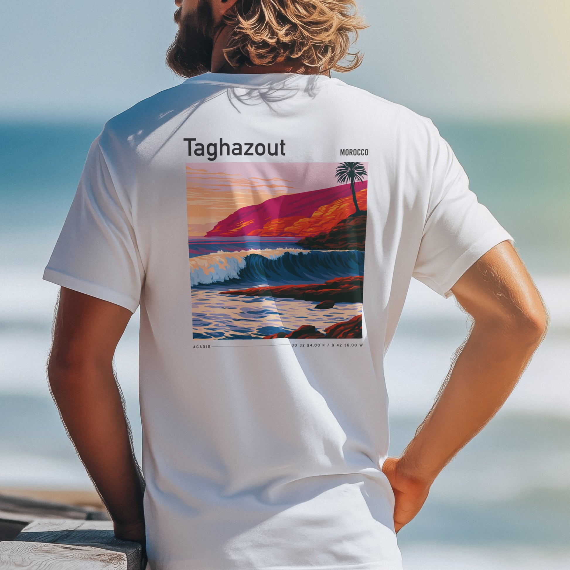 Taghazout Surf T-Shirt | Moroccan Wave Art Tee — design printed on the back of the t-shirt