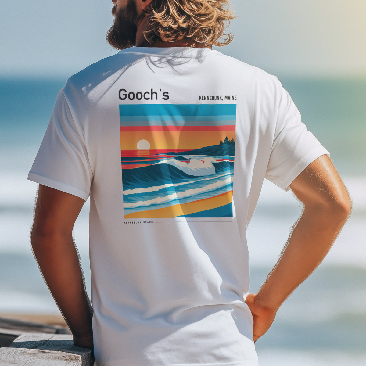 Gooch's Beach Surf T-Shirt | Maine Coast Wave Art Tee — design printed on the back of the t-shirt