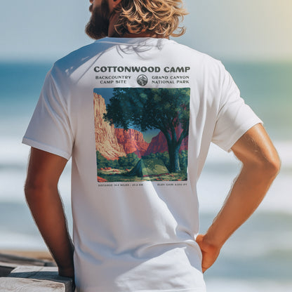 Cottonwood Camp Hiking T-Shirt | Camper Gift | Grand Canyon Backcountry Tee — design printed on the back of the t-shirt