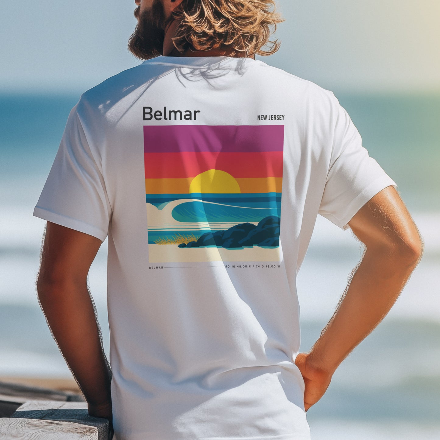 Belmar, New Jersey Surf T-Shirt | Jersey Shore Wave Art Tee — design printed on the back of the t-shirt