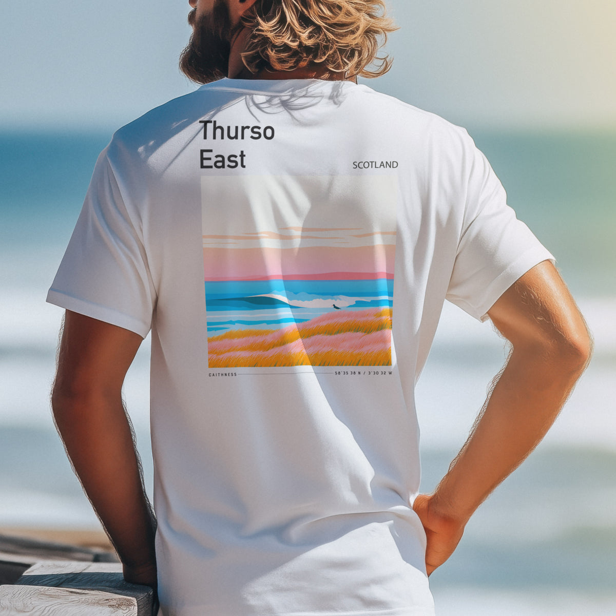 Thurso East Surf T-Shirt | Wild North Atlantic Wave Art — design printed on the back of the t-shirt