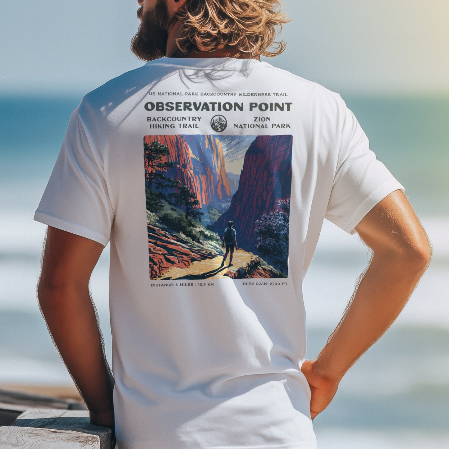 Observation Point Hiking T-Shirt | Hiker Gift | Zion Canyon Trail Tee — design printed on the back of the t-shirt