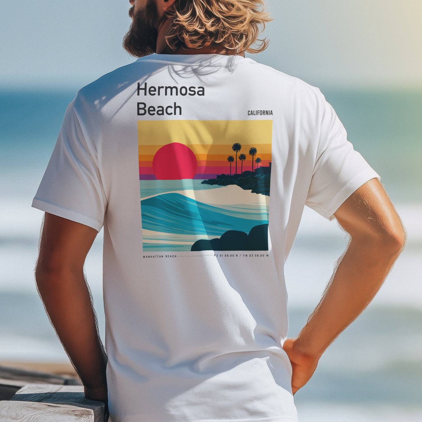 Hermosa Beach Surf T-Shirt | Sun, Sand & South Bay Swells — design printed on the back of the t-shirt