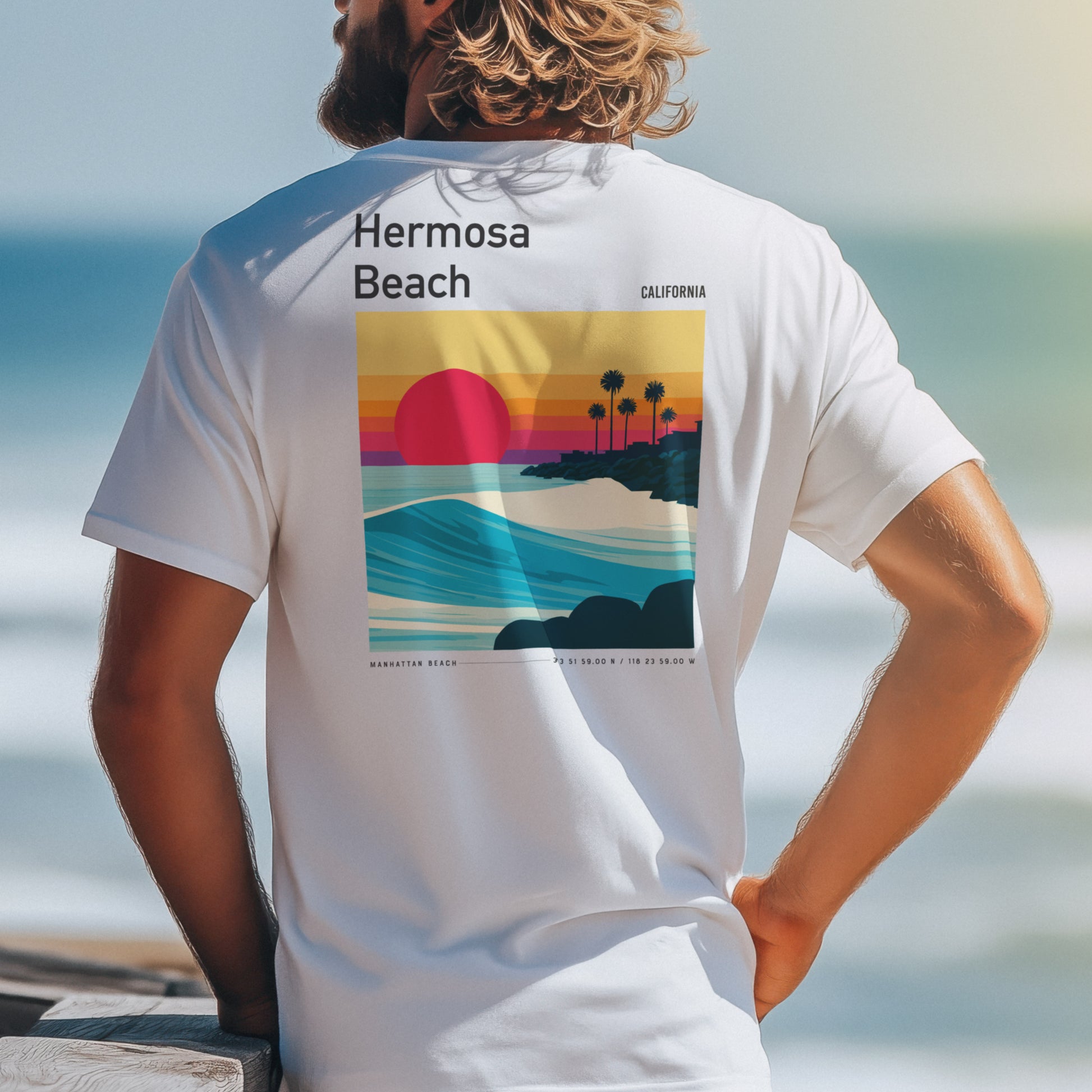 Hermosa Beach Surf T-Shirt | Sun, Sand & South Bay Swells — design printed on the back of the t-shirt