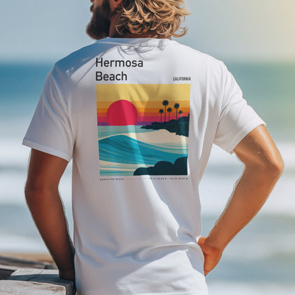 Hermosa Beach Surf T-Shirt | Sun, Sand & South Bay Swells — design printed on the back of the t-shirt
