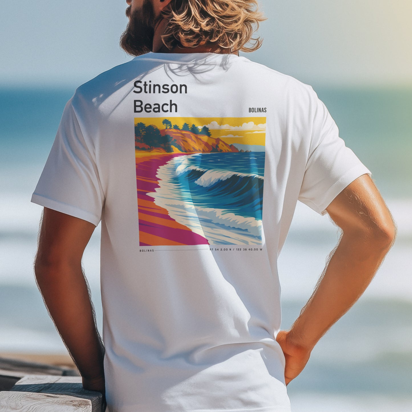 Stinson Beach Surf T-Shirt | Where the Redwoods Meet the Waves — design printed on the back of the t-shirt