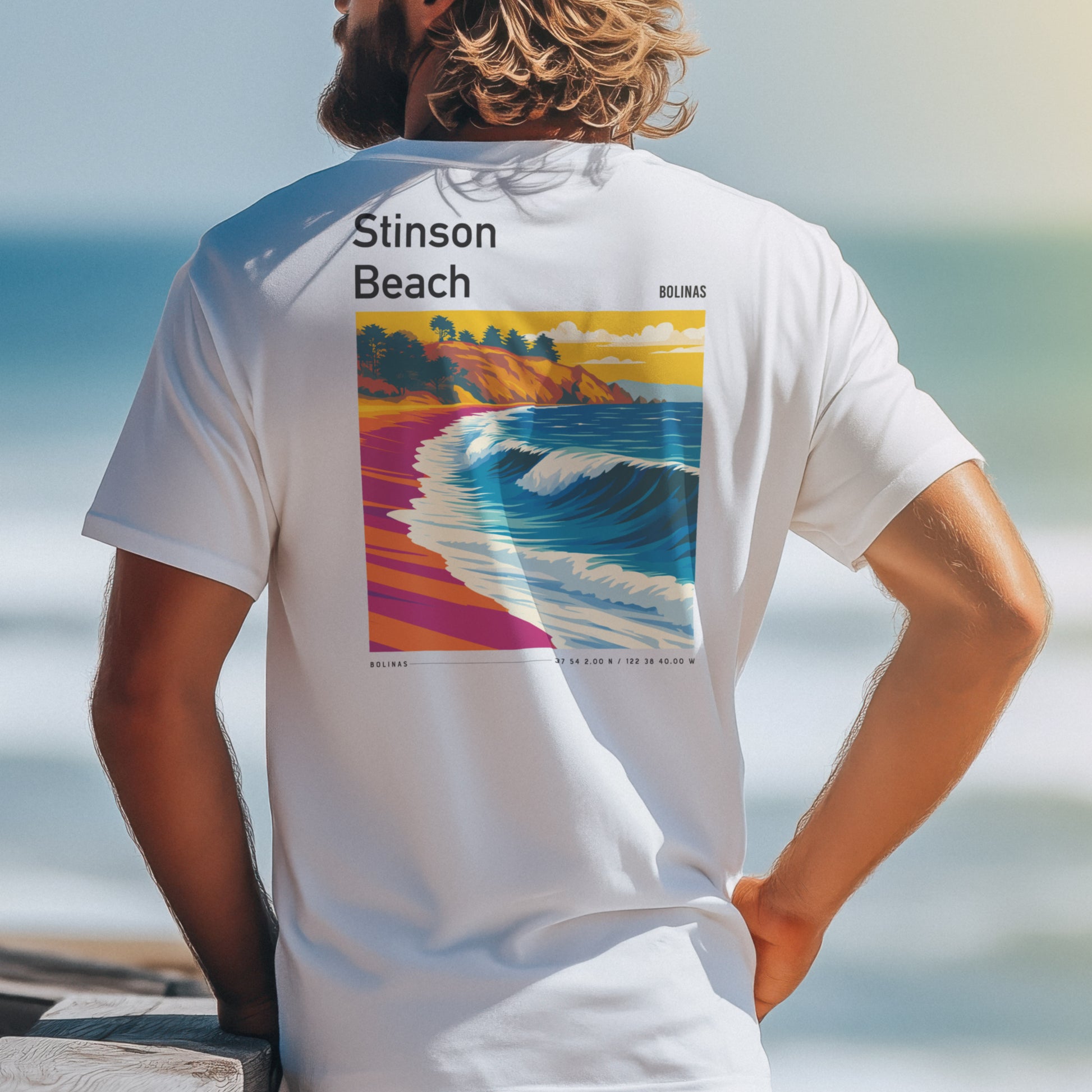 Stinson Beach Surf T-Shirt | Where the Redwoods Meet the Waves — design printed on the back of the t-shirt