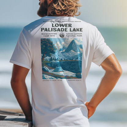 Lower Palisade Lake Hiking T-Shirt | Backpacker Gift | High Sierra Trail Tee — design printed on the back of the t-shirt