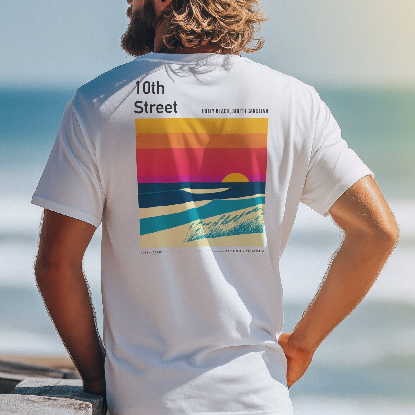 10th Street Surf T-Shirt | Carolina Coast Wave Art Tee — design printed on the back of the t-shirt