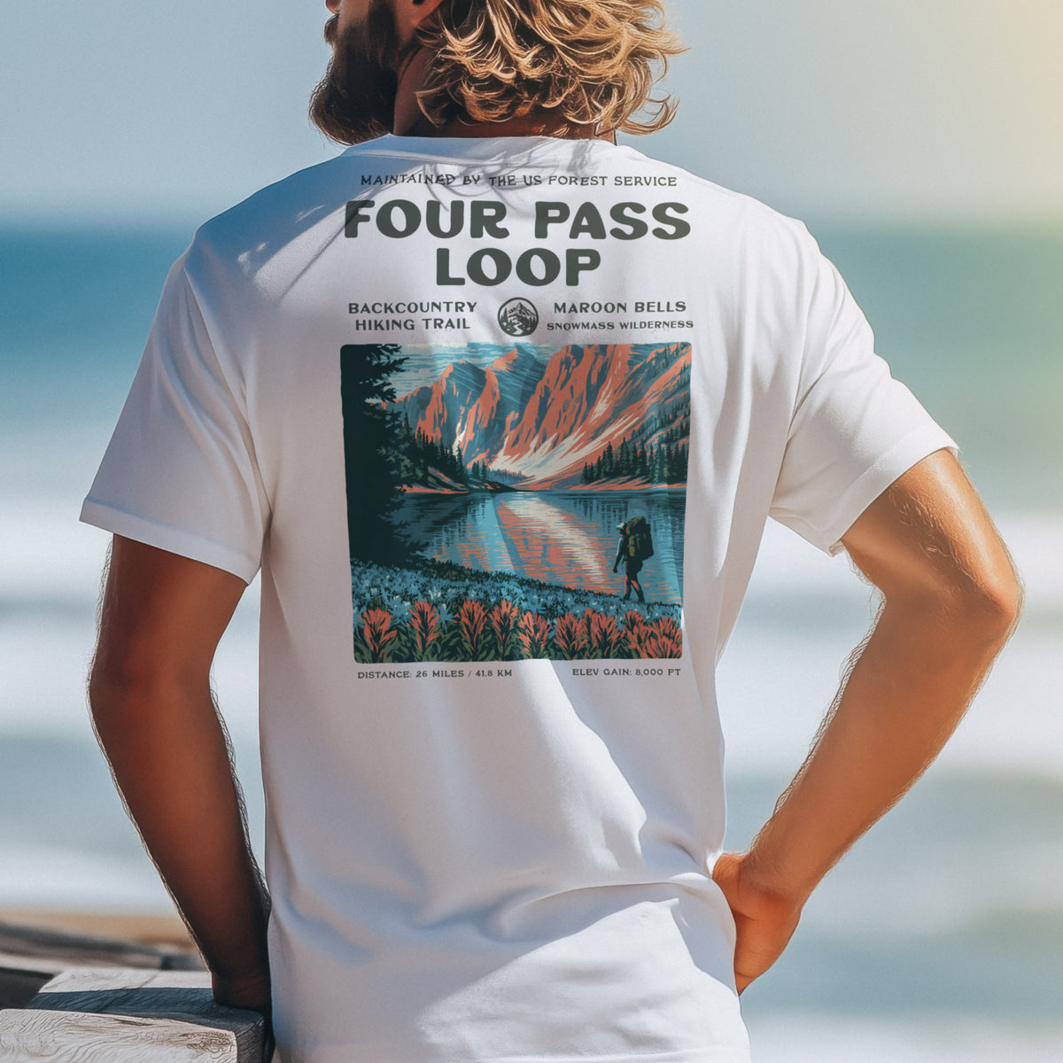 Four Pass Loop Hiking T-Shirt | Hiker Gift | Maroon Bells Wilderness Tee — design printed on the back of the t-shirt