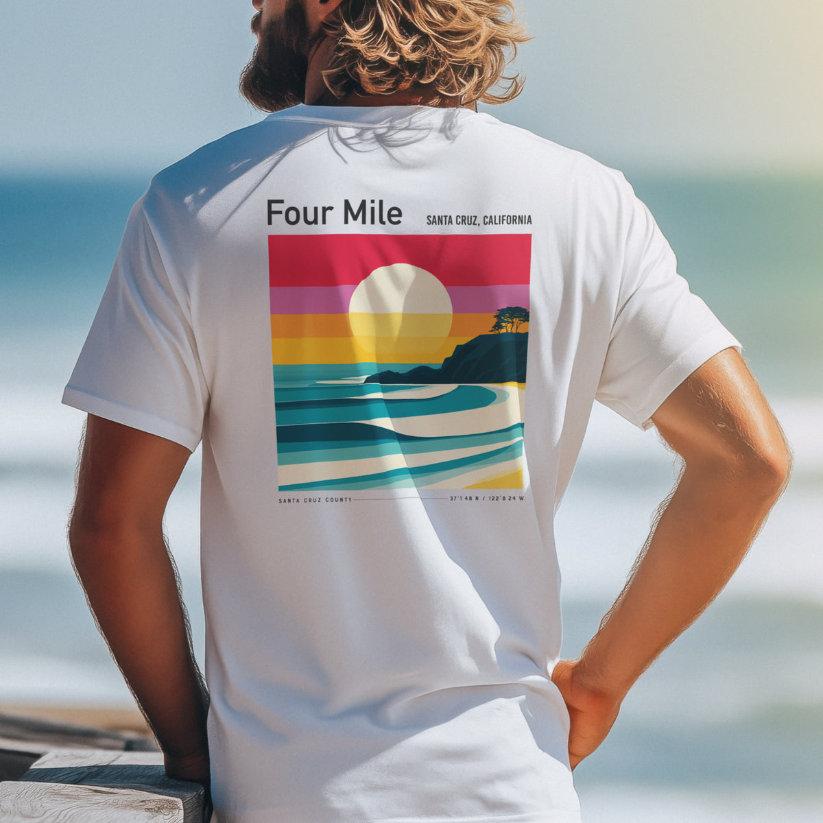 Four Mile Surf T-Shirt | Wild California Coast Wave Tee — design printed on the back of the t-shirt