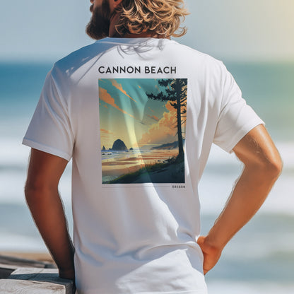 Cannon Beach Travel T-Shirt | Oregon Coast Iconic Haystack Rock — design printed on the back of the t-shirt