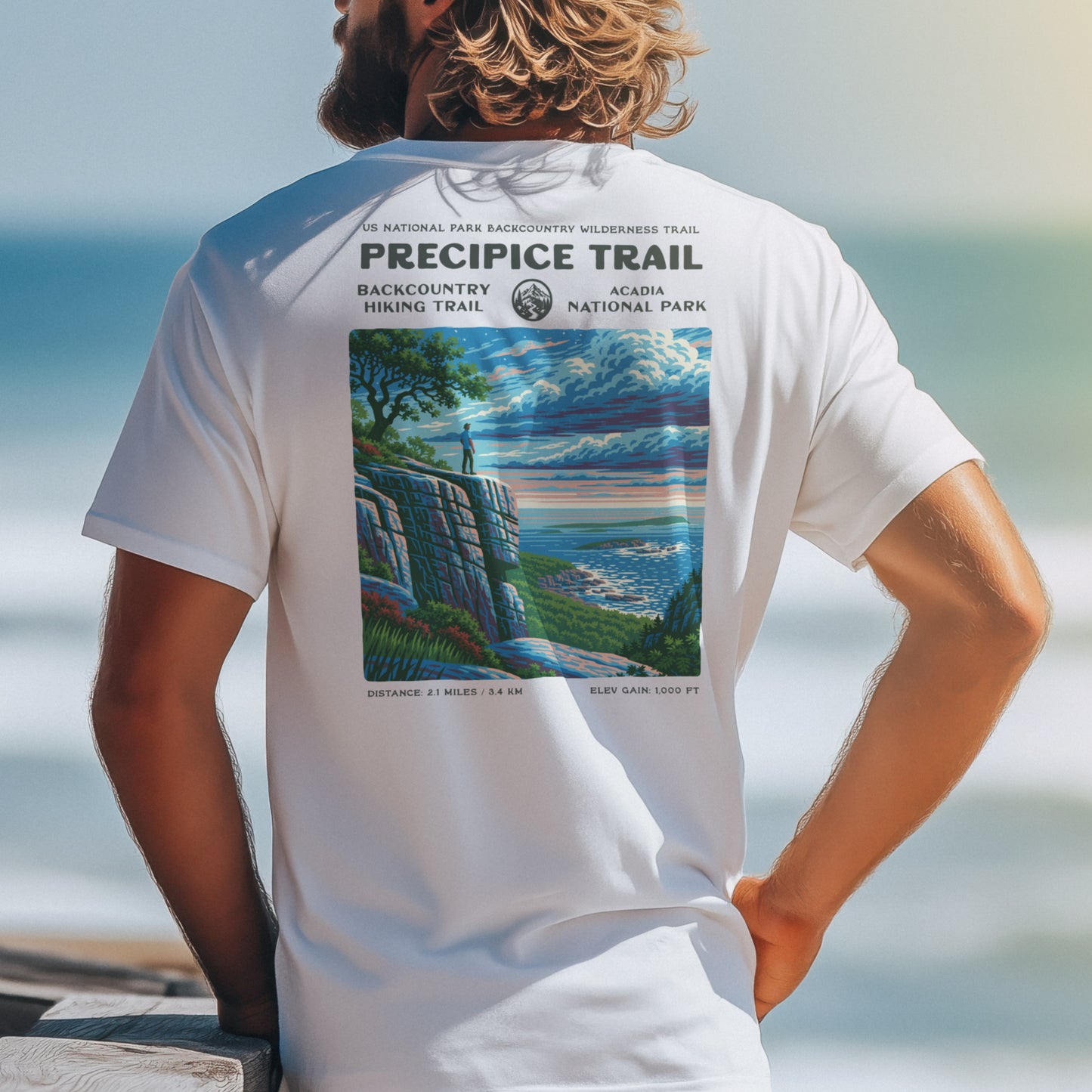Precipice Trail Hiking T-Shirt | Hiker Gift | Acadia's Boldest Climb — design printed on the back of the t-shirt