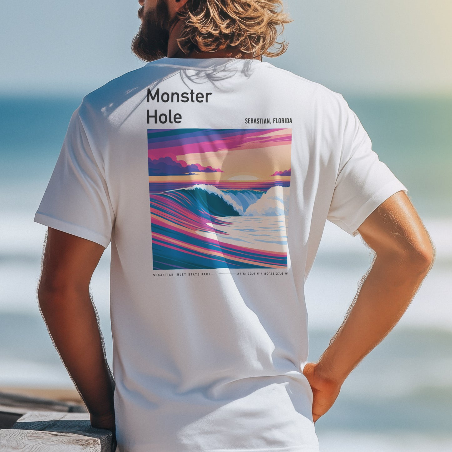 Monster Hole Surf T-Shirt | Florida's Hidden Swell Art — design printed on the back of the t-shirt