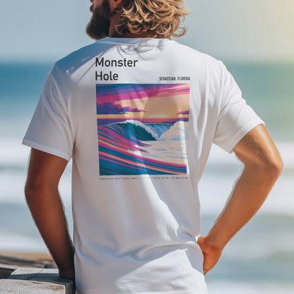 Monster Hole Surf T-Shirt | Florida's Hidden Swell Art — design printed on the back of the t-shirt