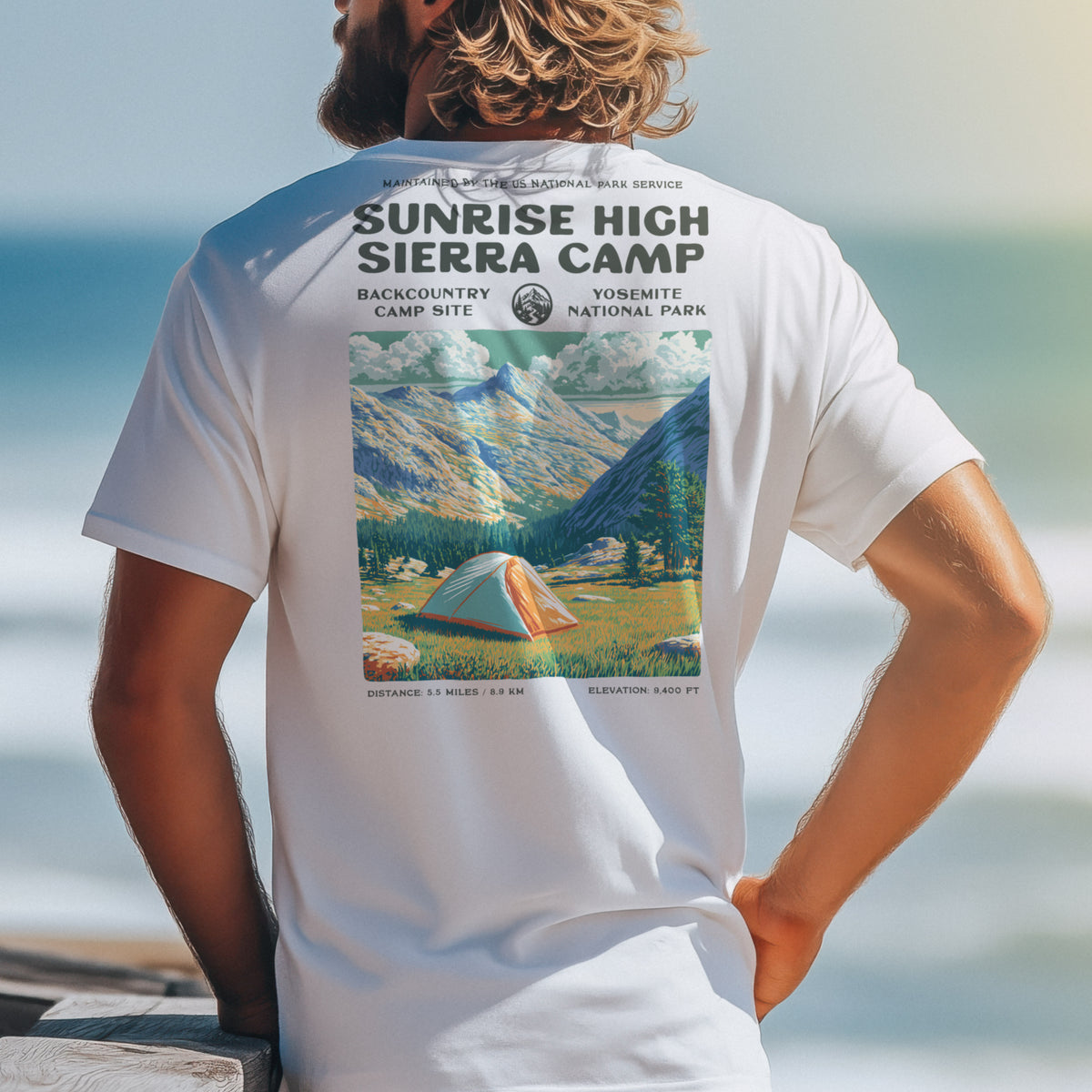 Sunrise High Sierra Camp Hiking T-Shirt | Camper Gift | Yosemite Backcountry Tee — design printed on the back of the t-shirt