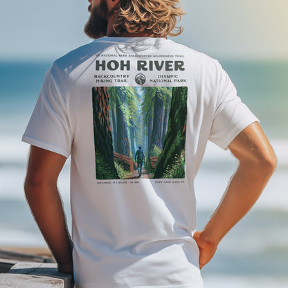 Hoh River Hiking T-Shirt | Olympic Rainforest Trail Art Tee — design printed on the back of the t-shirt