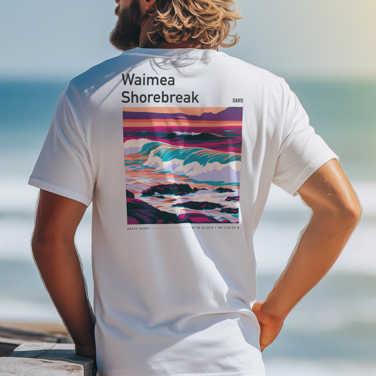 Waimea Shorebreak Surf T-Shirt | Raw Power, Big Wave Art — design printed on the back of the t-shirt