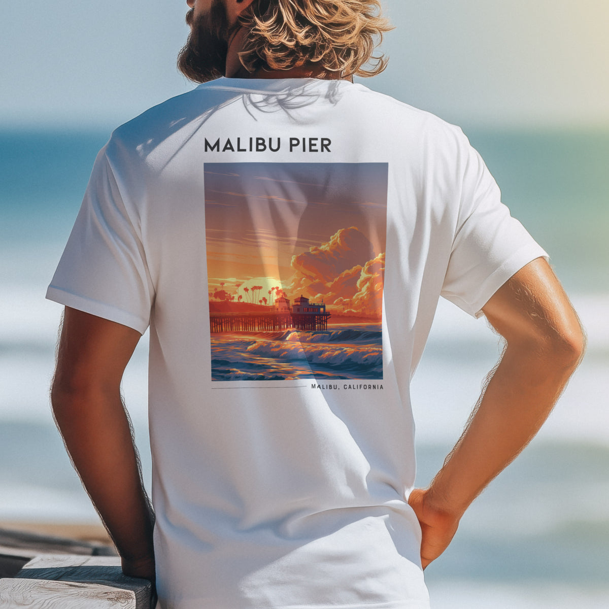 Malibu Pier Travel T-Shirt | Sun-Soaked California Coast Tee — design printed on the back of the t-shirt