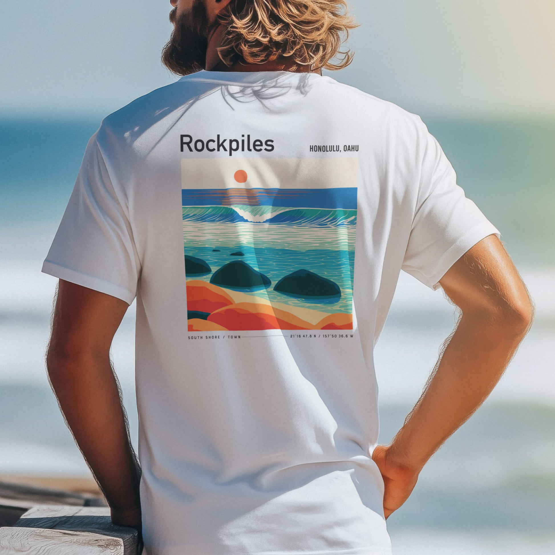 Rockpiles Surf T-Shirt | Raw Hawaiian Reef Wave Tee — design printed on the back of the t-shirt