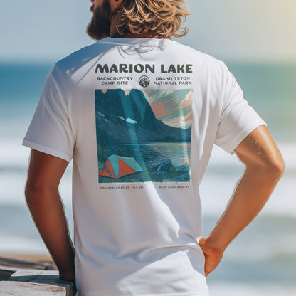 Marion Lake Hiking T-Shirt | Hiker Gift | Teton Backcountry Trail Tee — design printed on the back of the t-shirt