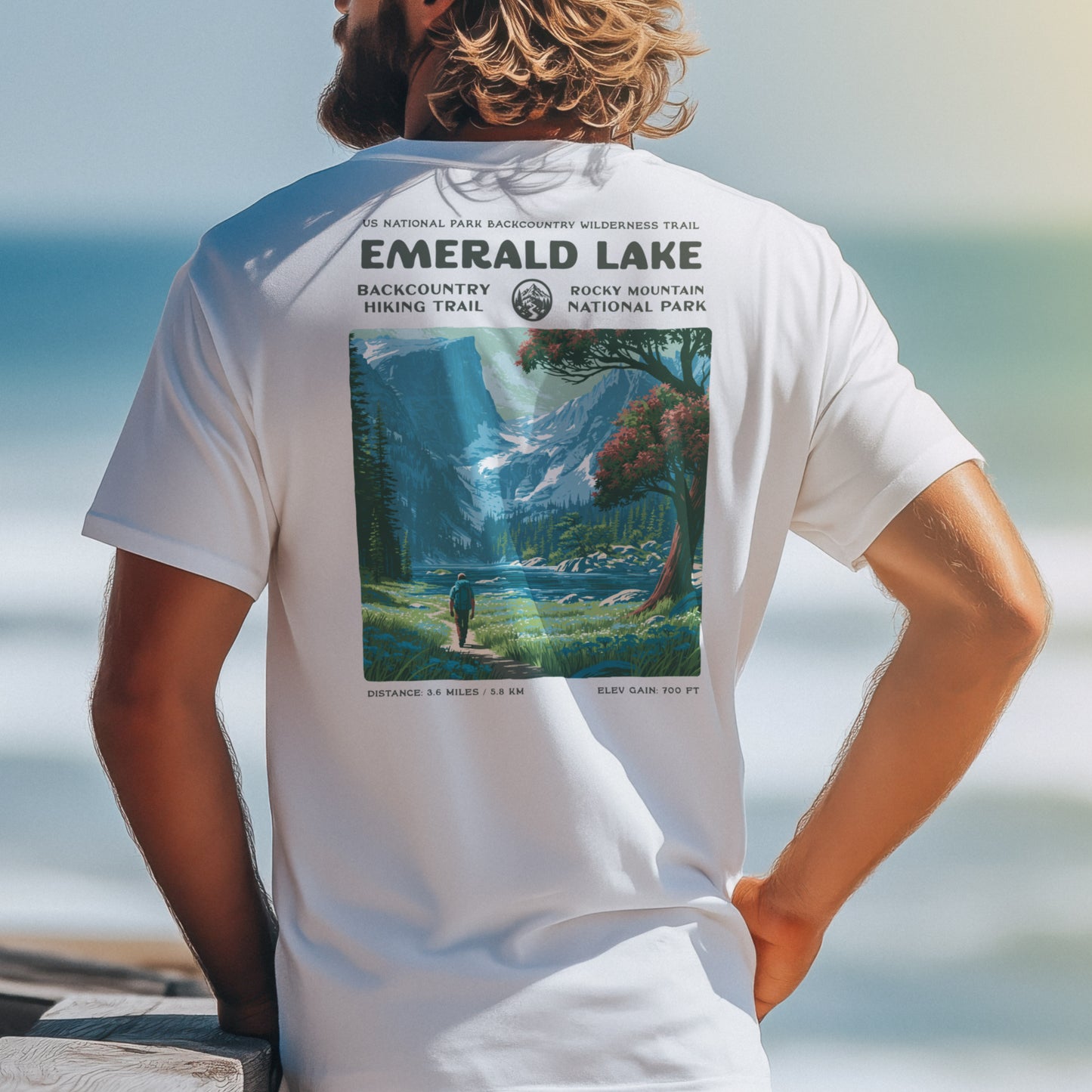 Emerald Lake Hiking T-Shirt | Hiker Gift | Rocky Mountain Trail Tee — design printed on the back of the t-shirt