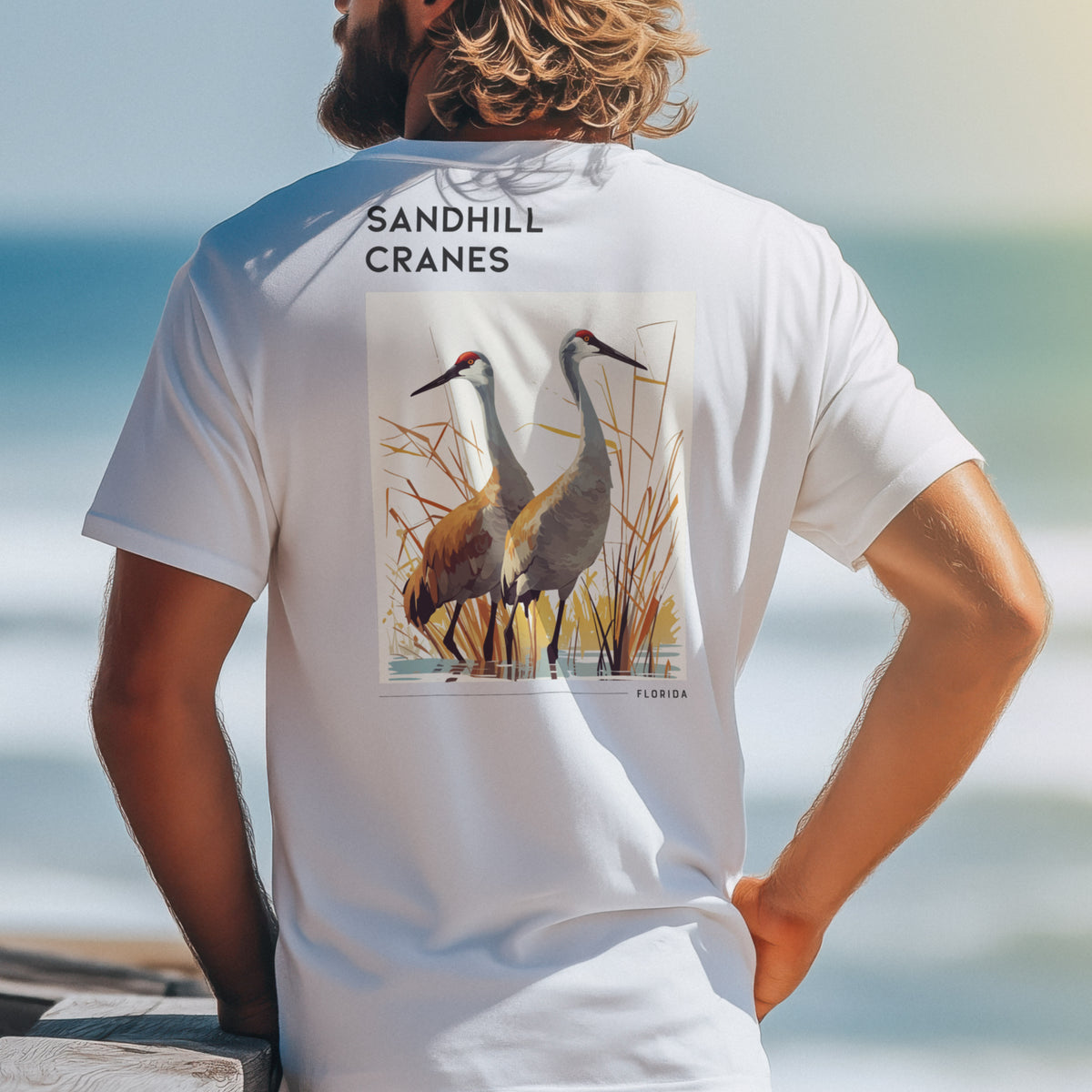 Sandhill Cranes Florida Travel T-Shirt | Wild Birds of the Sunshine State — design printed on the back of the t-shirt