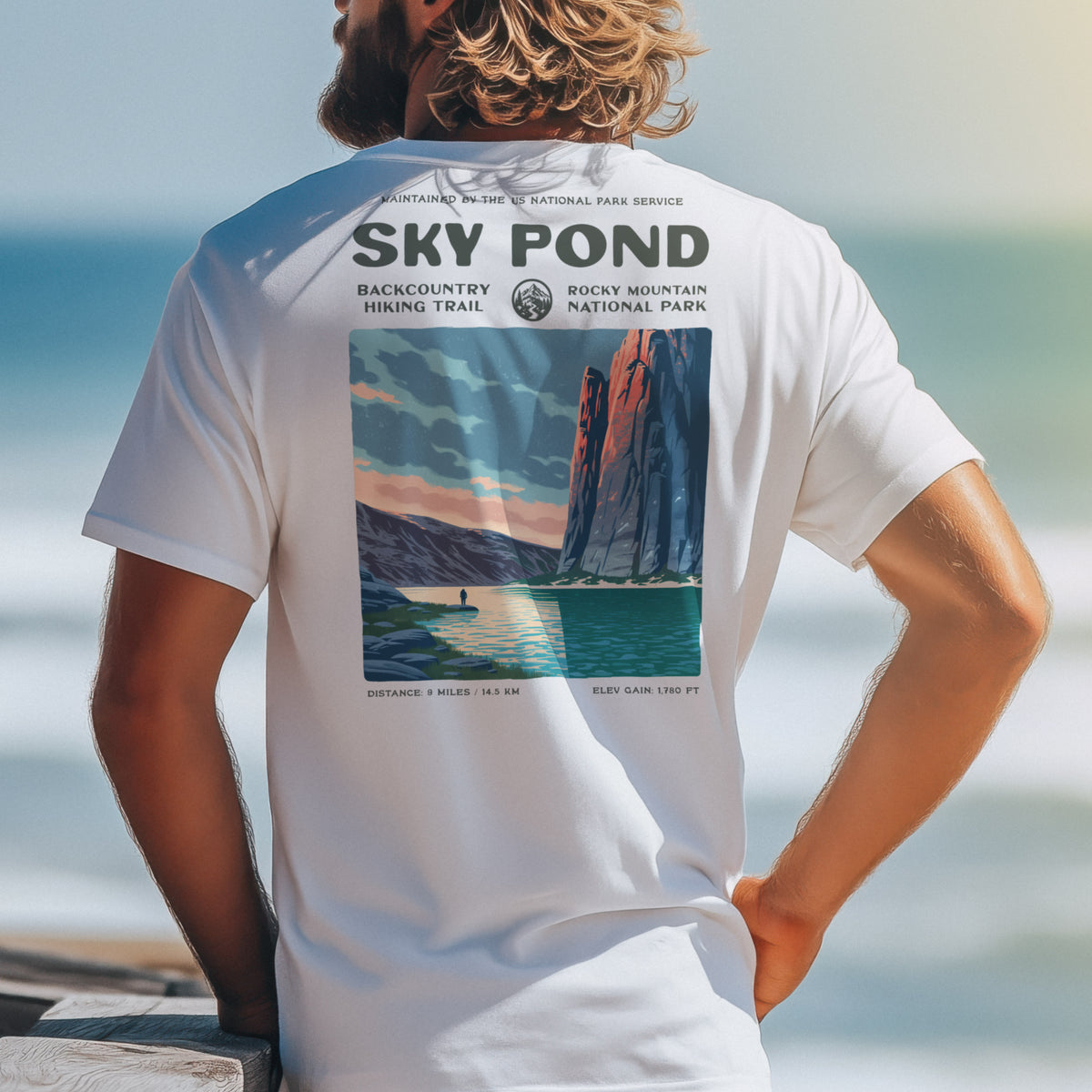Sky Pond Hiking T-Shirt | Hiker Gift | Rocky Mountain Trail Tee — design printed on the back of the t-shirt