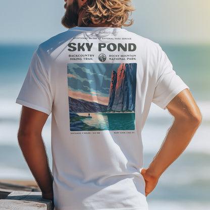 Sky Pond Hiking T-Shirt | Hiker Gift | Rocky Mountain Trail Tee — design printed on the back of the t-shirt