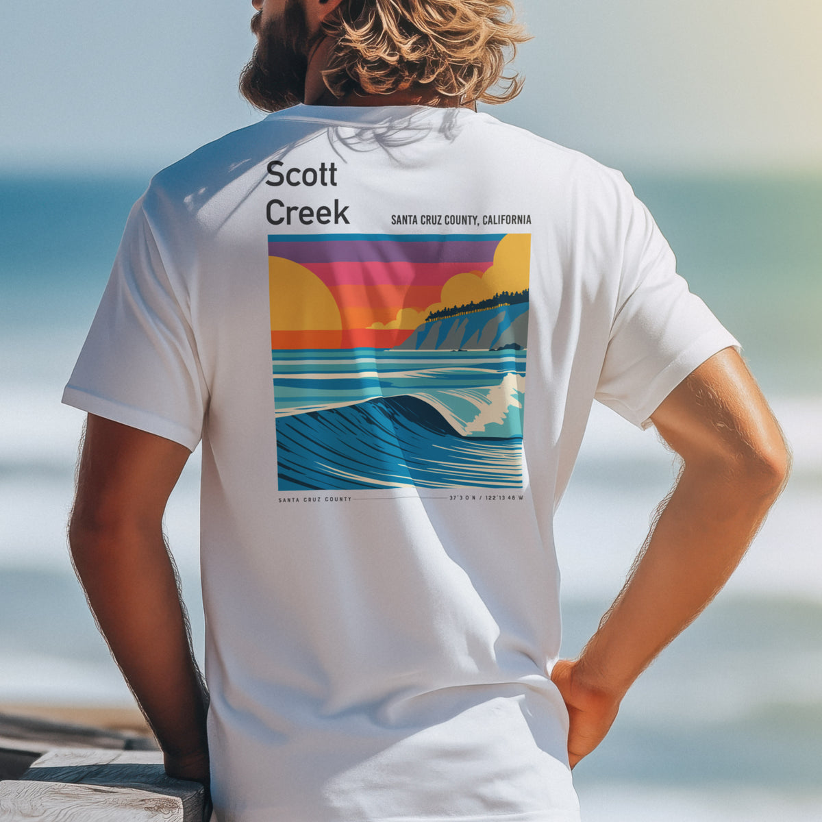 Scott Creek Surf T-Shirt | Central Coast Wave Art Tee — design printed on the back of the t-shirt