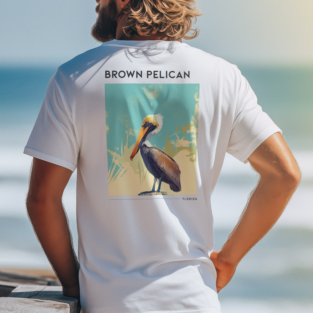 Florida Travel T-Shirt | Brown Pelican Coastal Art Tee — design printed on the back of the t-shirt